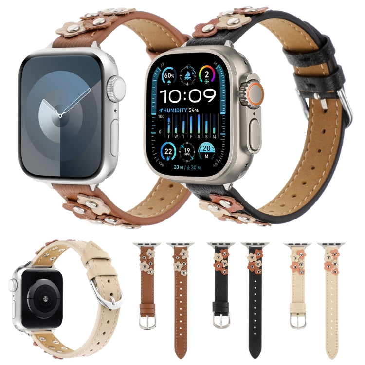 For Apple Watch Ultra 2 49mm Stitched Flower Leather Watch Band(Brown)
