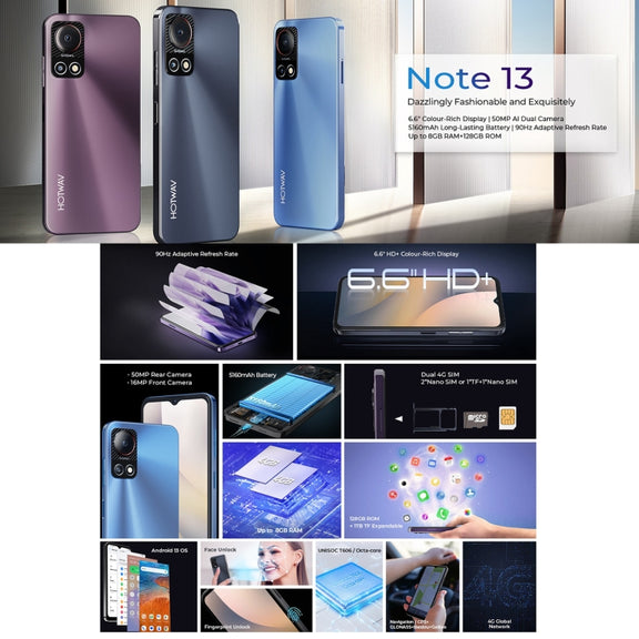 HOTWAV Note 13, 4GB+128GB, Side Fingerprint Identification, 6.6 inch Android 13 T606 Octa Core up to 1.6GHz, Network: 4G, NFC, OTG(Blue)