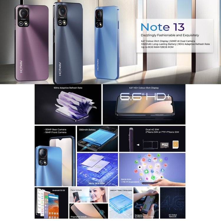 HOTWAV Note 13, 4GB+128GB, Side Fingerprint Identification, 6.6 inch Android 13 T606 Octa Core up to 1.6GHz, Network: 4G, NFC, OTG(Black)