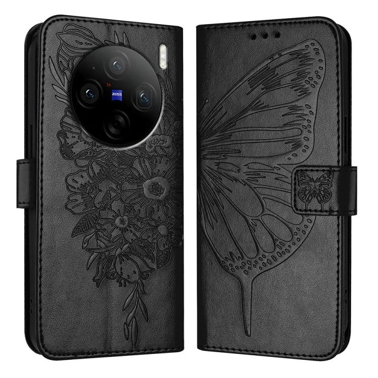 For vivo X100s 5G Embossed Butterfly Leather Phone Case(Black)