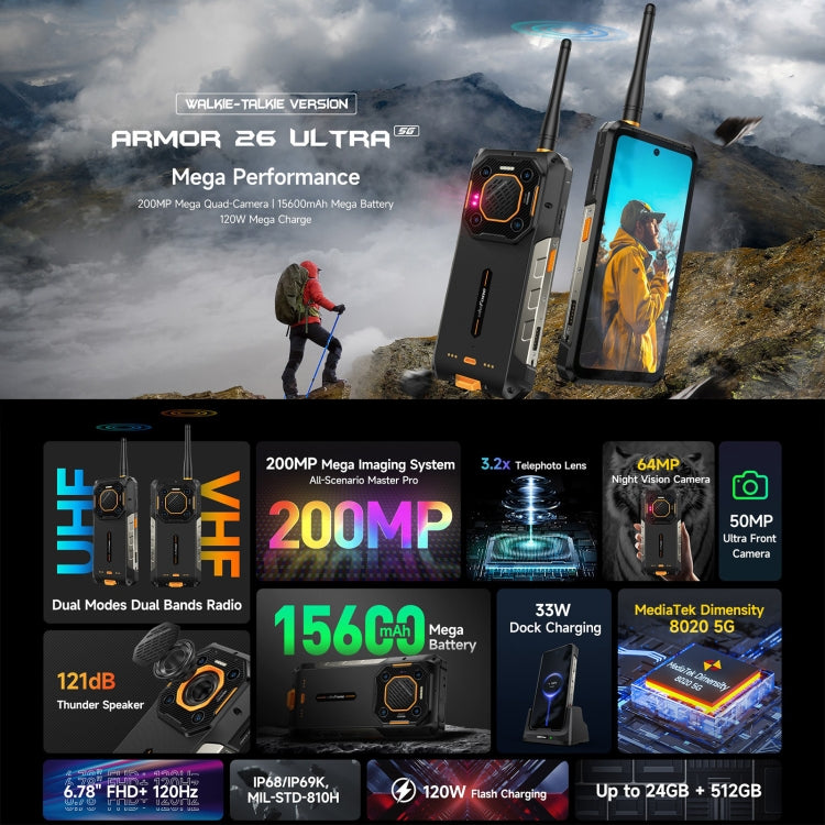 Ulefone Armor 26 Ultra Walkie-Talkie Version Rugged Phone, 12GB+512GB, 6.78 inch Android 13 MediaTek Dimensity 8020 Octa Core, Network: 5G, NFC(Black)
