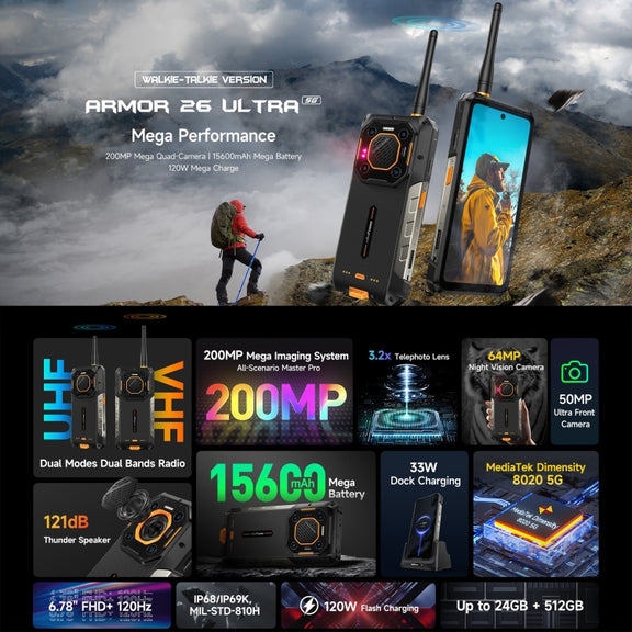 Ulefone Armor 26 Ultra Walkie-Talkie Version Rugged Phone, 12GB+512GB, 6.78 inch Android 13 MediaTek Dimensity 8020 Octa Core, Network: 5G, NFC(Black)