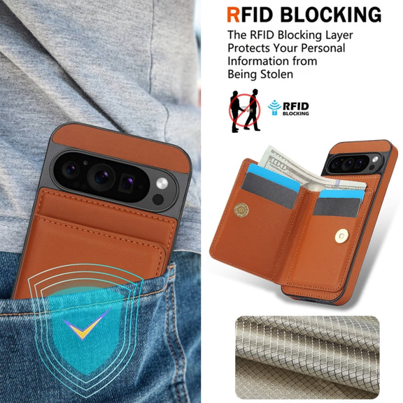 For Google Pixel 9 RFID Anti-theft Card Ring Holder Phone Case(Brown)