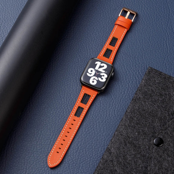 For Apple Watch Ultra 49mm Mesh Calfskin Genuine Leather Watch Band(Orange)