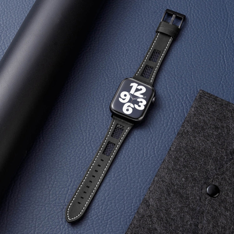 For Apple Watch Ultra 49mm Mesh Calfskin Genuine Leather Watch Band(Black)