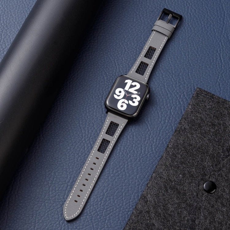 For Apple Watch Ultra 49mm Mesh Calfskin Genuine Leather Watch Band(Grey)