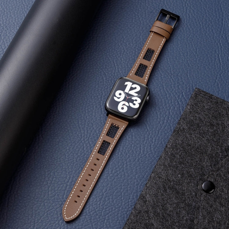For Apple Watch Ultra 49mm Mesh Calfskin Genuine Leather Watch Band(Coffee)