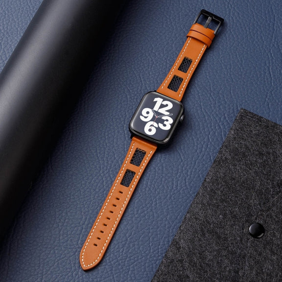For Apple Watch Ultra 49mm Mesh Calfskin Genuine Leather Watch Band(Light Brown)