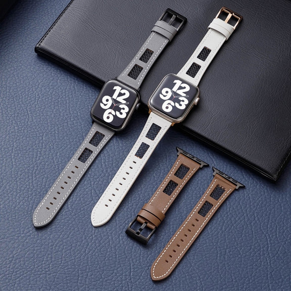 For Apple Watch Ultra 49mm Mesh Calfskin Genuine Leather Watch Band(Grey)