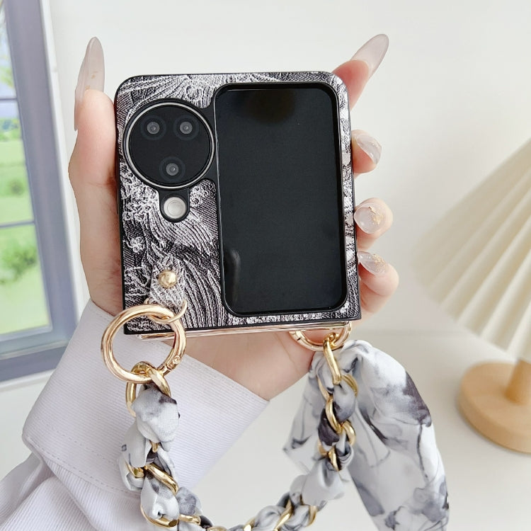 For OPPO Find N3 Flip Embroidery Style DIY Full Coverage Phone Case with Scarf / Bracelet(Grey)