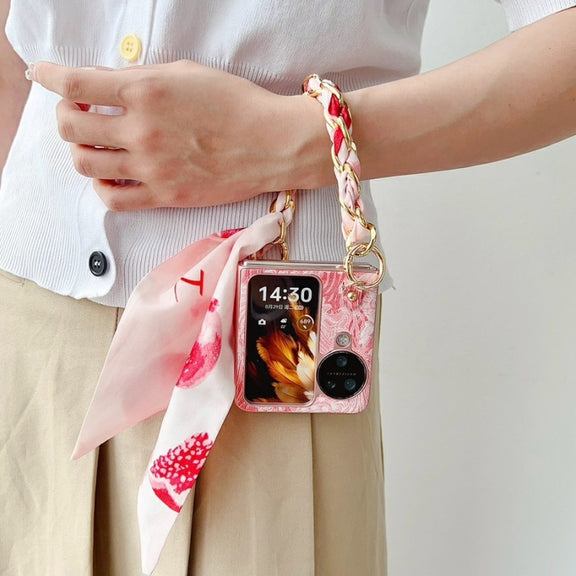 For OPPO Find N3 Flip Embroidery Style DIY Full Coverage Phone Case with Scarf / Bracelet(Grey)