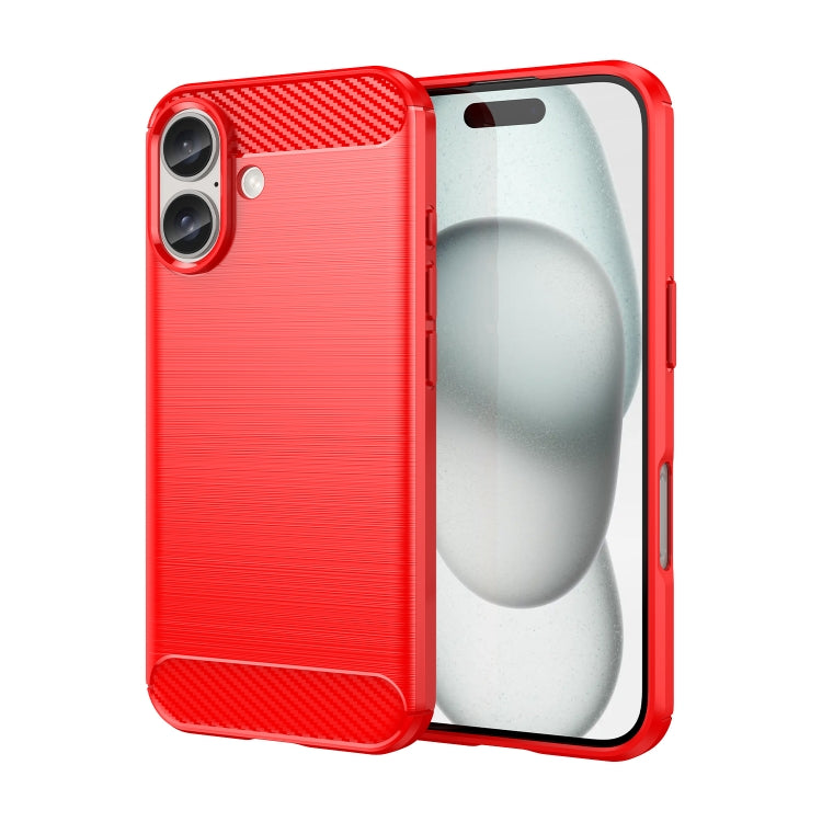 For iPhone 16 Brushed Texture Carbon Fiber TPU Phone Case(Red)