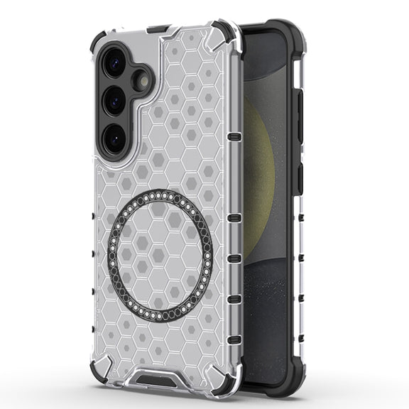 For Samsung Galaxy S25 5G Honeycomb Magnetic Ring Shockproof Phone Case(White)