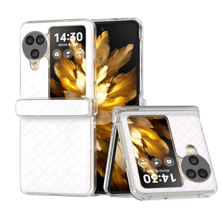 For OPPO Find N3 Flip 3 in 1 Woven Texture Transparent Frame PU Phone Case(White)