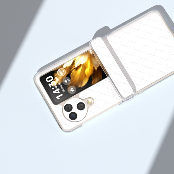 For OPPO Find N3 Flip 3 in 1 Woven Texture Transparent Frame PU Phone Case(White)
