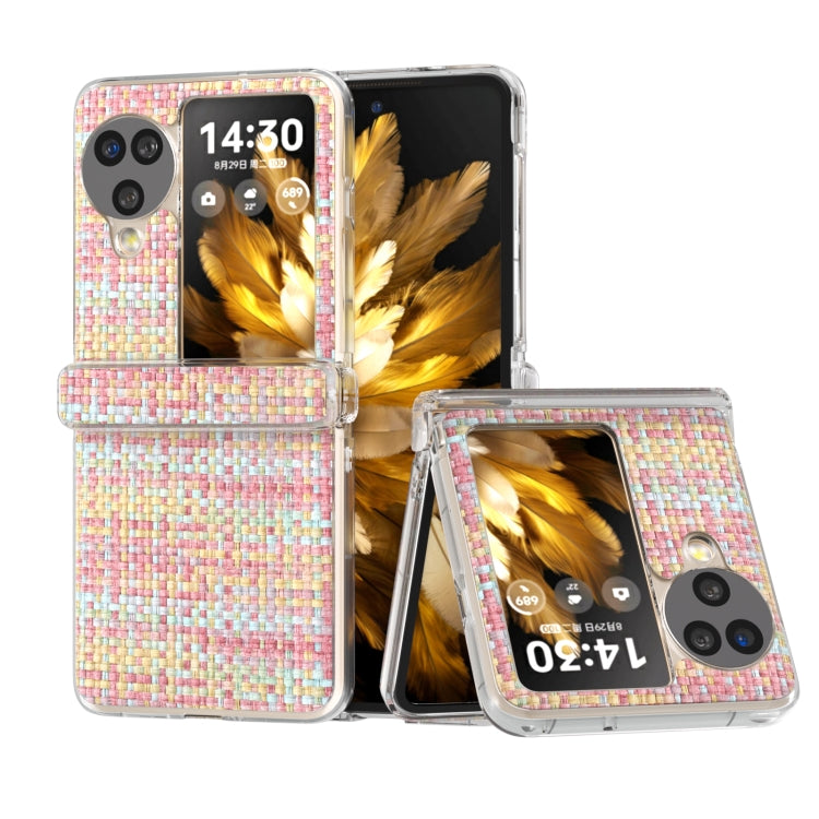 For OPPO Find N3 Flip 3 in 1 Colorful Rhombic Texture Transparent Frame PU Phone Case(Pink)