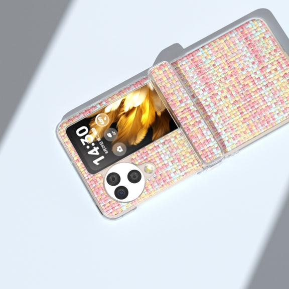 For OPPO Find N3 Flip 3 in 1 Colorful Rhombic Texture Transparent Frame PU Phone Case(Pink)