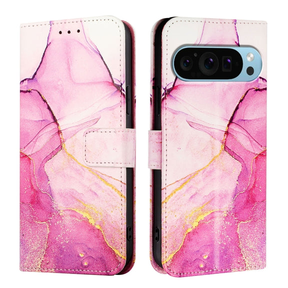 For Google Pixel 9 PT003 Marble Pattern Flip Leather Phone Case(Pink Purple Gold)