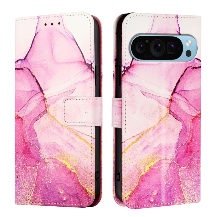 For Google Pixel 9 PT003 Marble Pattern Flip Leather Phone Case(Pink Purple Gold)