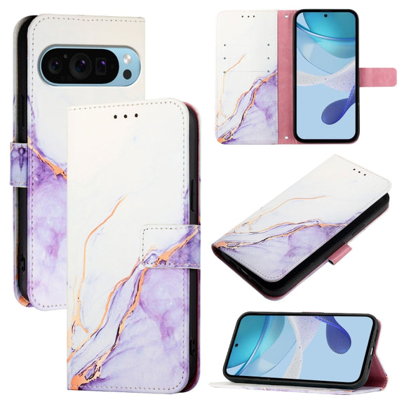 For Google Pixel 9 PT003 Marble Pattern Flip Leather Phone Case(White Purple)
