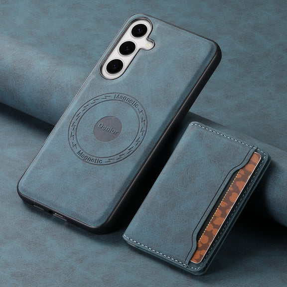 For Samsung Galaxy S24+ 5G Denior D13 Retro Texture Leather MagSafe Card Bag Phone Case(Blue)