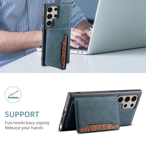 For Samsung Galaxy S24 Ultra 5G Denior D13 Retro Texture Leather MagSafe Card Bag Phone Case(Blue)