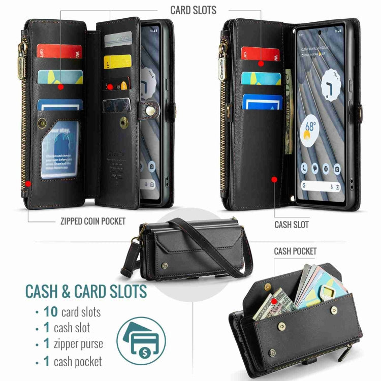 For Google Pixel 7a CaseMe C36 Card Slots Zipper Wallet RFID Anti-theft Leather Phone Case(Black)