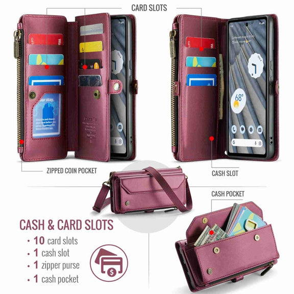 For Google Pixel 7a CaseMe C36 Card Slots Zipper Wallet RFID Anti-theft Leather Phone Case(Purple)