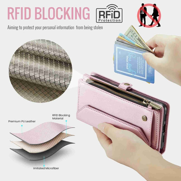 For Google Pixel 7a CaseMe C36 Card Slots Zipper Wallet RFID Anti-theft Leather Phone Case(Pink)