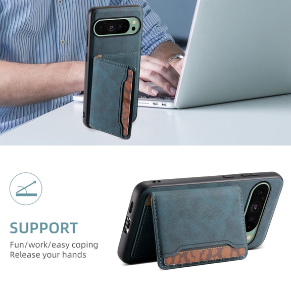 For Google Pixel 9 Denior D13 Retro Texture Leather MagSafe Card Bag Phone Case(Blue)