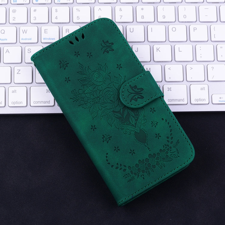 For iPhone 16e Butterfly Rose Embossed Leather Phone Case(Green)