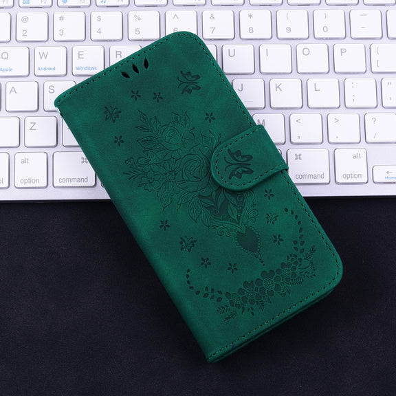 For iPhone 16e Butterfly Rose Embossed Leather Phone Case(Green)