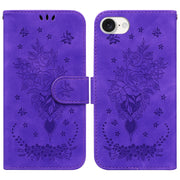 For iPhone 16e Butterfly Rose Embossed Leather Phone Case(Purple)