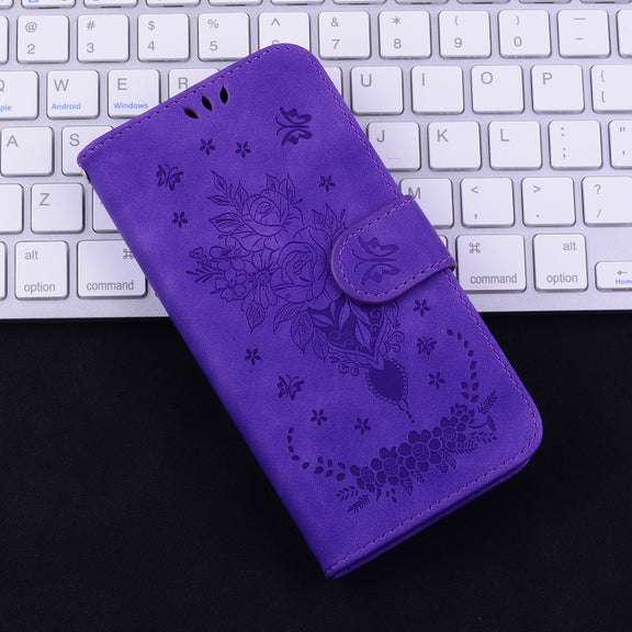 For iPhone 16e Butterfly Rose Embossed Leather Phone Case(Purple)