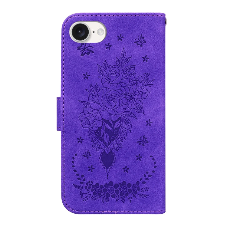 For iPhone 16e Butterfly Rose Embossed Leather Phone Case(Purple)