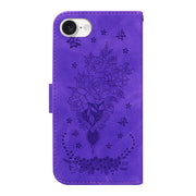 For iPhone 16e Butterfly Rose Embossed Leather Phone Case(Purple)