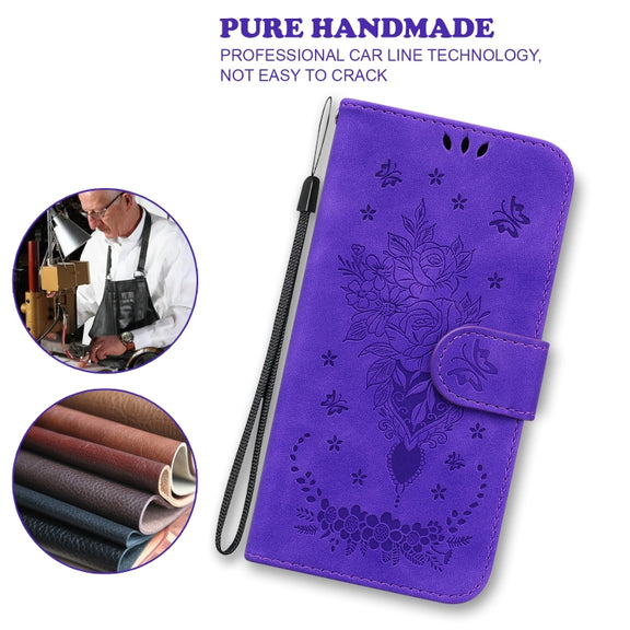 For iPhone 16e Butterfly Rose Embossed Leather Phone Case(Purple)