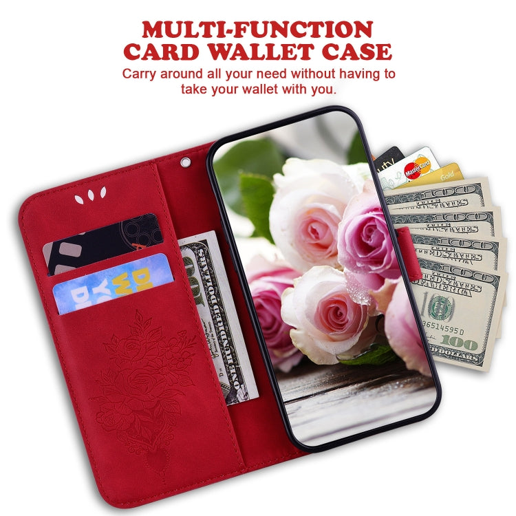For iPhone 16e Butterfly Rose Embossed Leather Phone Case(Red)