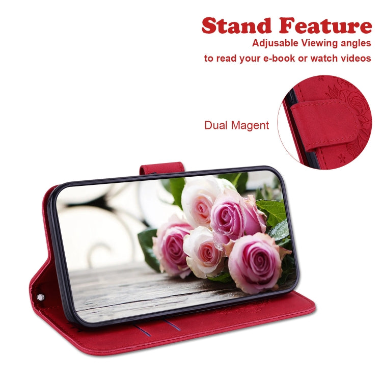 For iPhone 16e Butterfly Rose Embossed Leather Phone Case(Red)