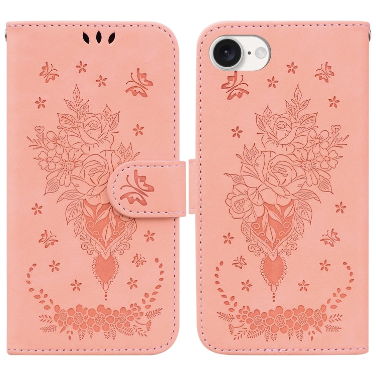 For iPhone 16e Butterfly Rose Embossed Leather Phone Case(Pink)