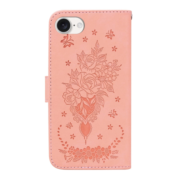 For iPhone 16e Butterfly Rose Embossed Leather Phone Case(Pink)