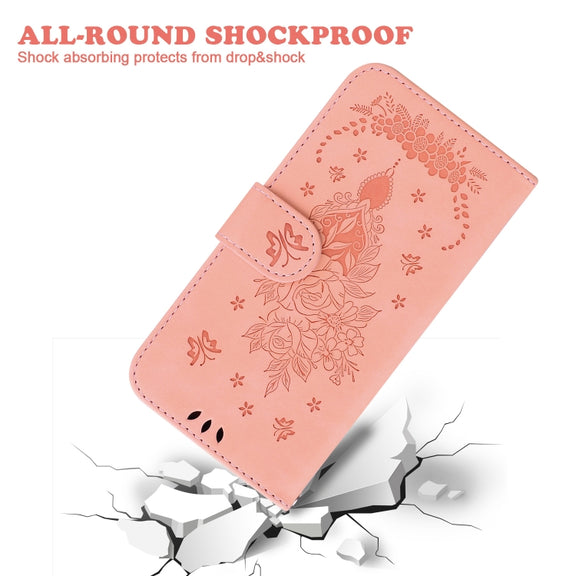 For iPhone 16e Butterfly Rose Embossed Leather Phone Case(Pink)