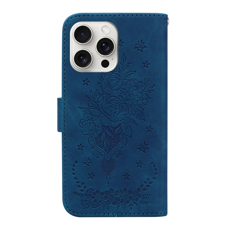 For iPhone 16 Pro Max Butterfly Rose Embossed Leather Phone Case(Blue)