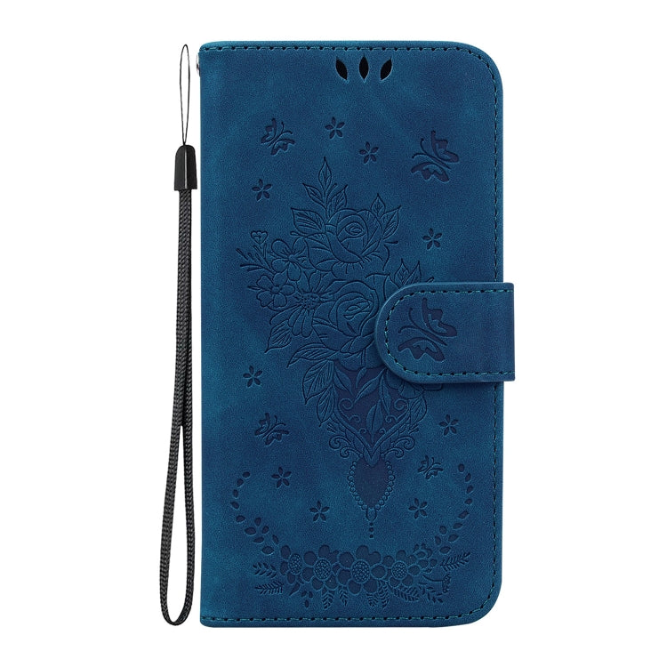 For iPhone 16 Plus Butterfly Rose Embossed Leather Phone Case(Blue)