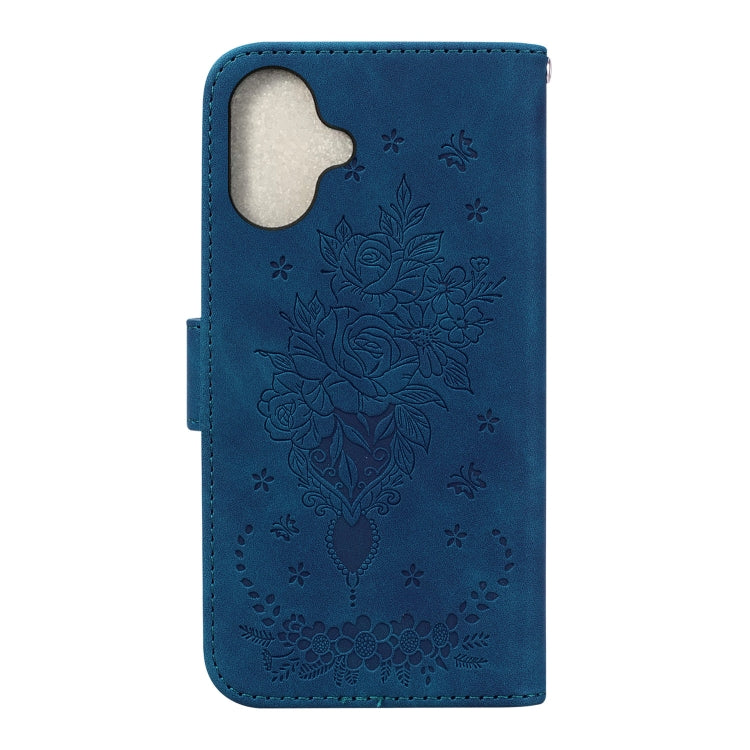 For iPhone 16 Plus Butterfly Rose Embossed Leather Phone Case(Blue)