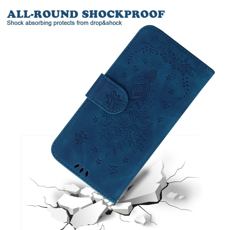 For iPhone 16 Plus Butterfly Rose Embossed Leather Phone Case(Blue)