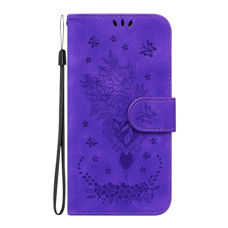 For iPhone 16 Butterfly Rose Embossed Leather Phone Case(Purple)