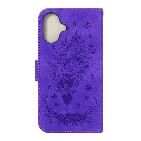 For iPhone 16 Butterfly Rose Embossed Leather Phone Case(Purple)