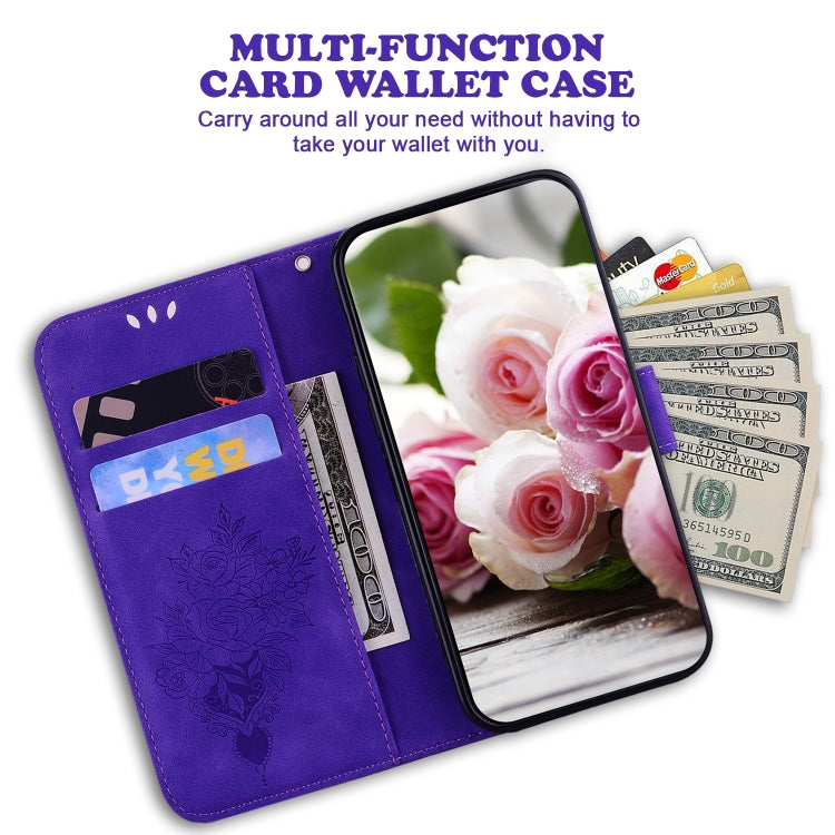For iPhone 16 Butterfly Rose Embossed Leather Phone Case(Purple)