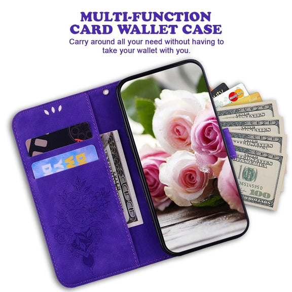 For iPhone 16 Butterfly Rose Embossed Leather Phone Case(Purple)